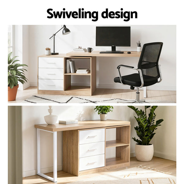 Artiss Computer Desk Swivelling L shape Home Office Storage Cabinet Oak Awezingly