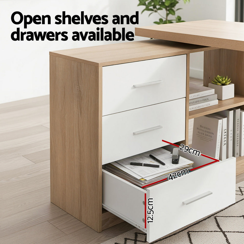 Artiss Computer Desk Swivelling L shape Home Office Storage Cabinet Oak Awezingly