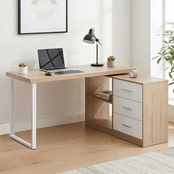 Artiss Computer Desk Swivelling L shape Home Office Storage Cabinet Oak Awezingly