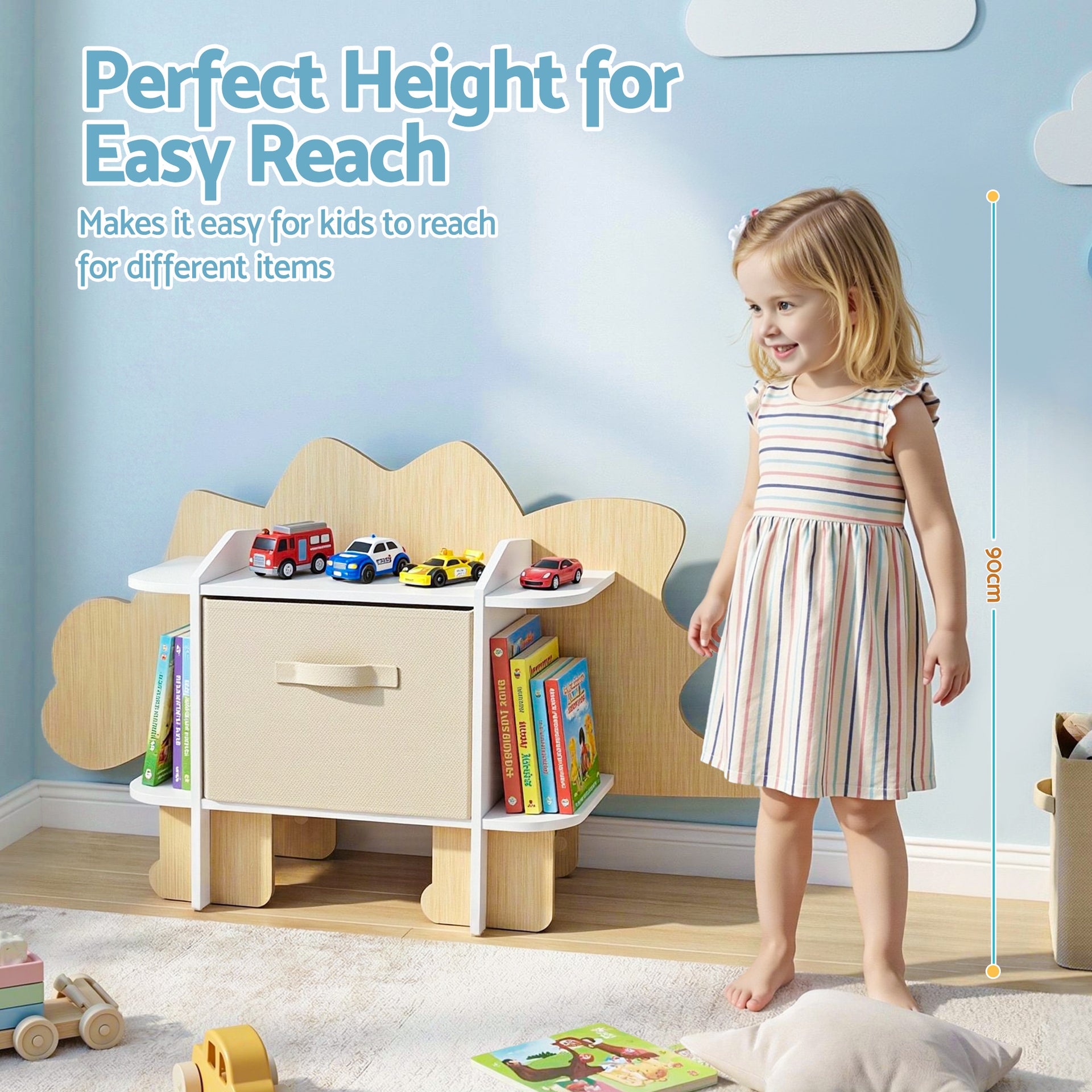 Keezi Dinosaur Kids Bookshelf 2-Tier Children's Bookcase Wooden with with Fabric Drawer, Toddler Bookshelf Toy Storage Organizer for Preschool, Kids Room, Playroom, Nursery Awezingly