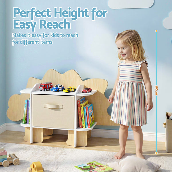 Keezi Dinosaur Kids Bookshelf 2-Tier Children's Bookcase Wooden with with Fabric Drawer, Toddler Bookshelf Toy Storage Organizer for Preschool, Kids Room, Playroom, Nursery Awezingly