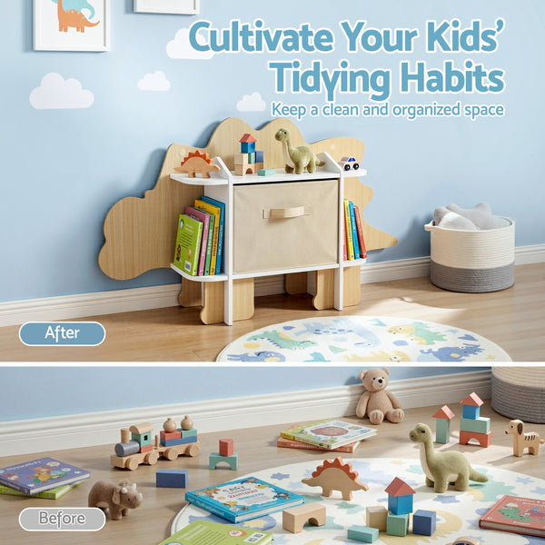 Keezi Dinosaur Kids Bookshelf 2-Tier Children's Bookcase Wooden with with Fabric Drawer, Toddler Bookshelf Toy Storage Organizer for Preschool, Kids Room, Playroom, Nursery Awezingly