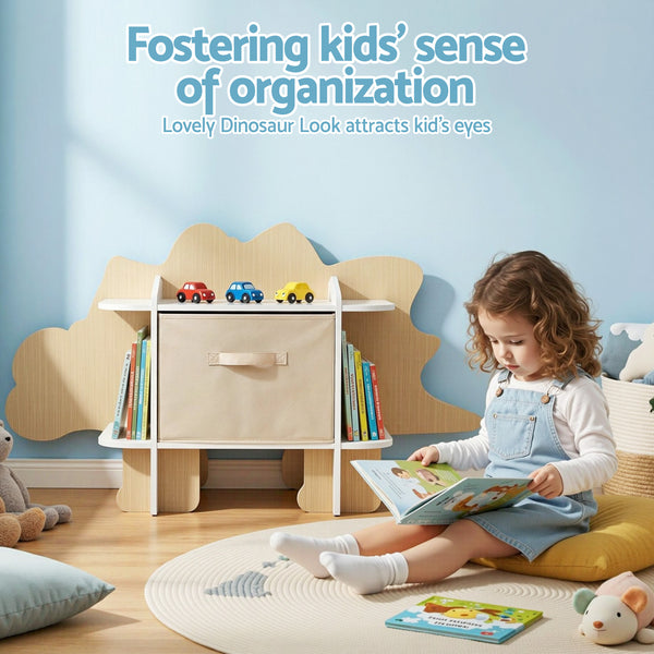 Keezi Dinosaur Kids Bookshelf 2-Tier Children's Bookcase Wooden with with Fabric Drawer, Toddler Bookshelf Toy Storage Organizer for Preschool, Kids Room, Playroom, Nursery Awezingly