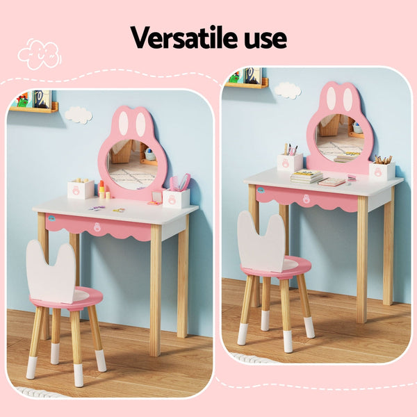 1 Set of Keezi Kids Dressing Table Wooden Bunny Pink Awezingly