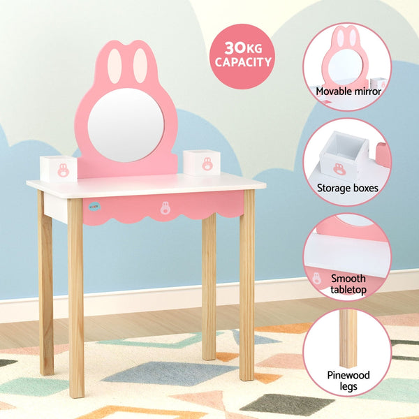 1 Set of Keezi Kids Dressing Table Wooden Bunny Pink Awezingly