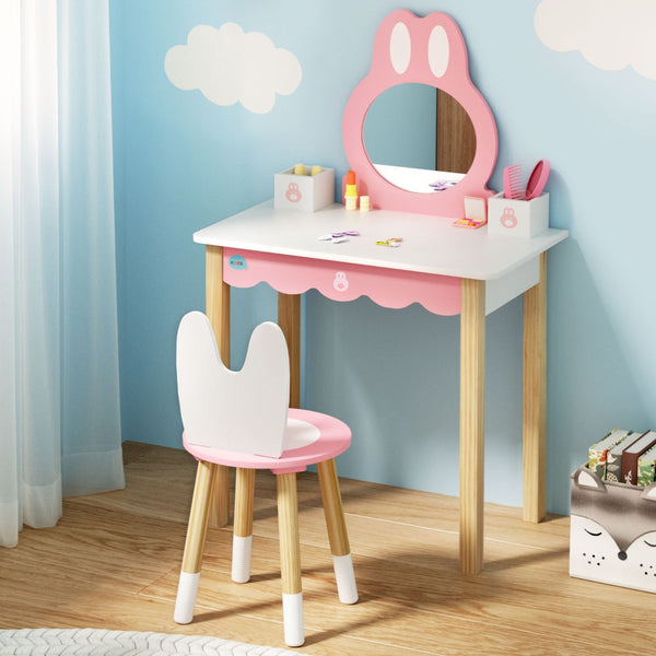 1 Set of Keezi Kids Dressing Table Wooden Bunny Pink Awezingly
