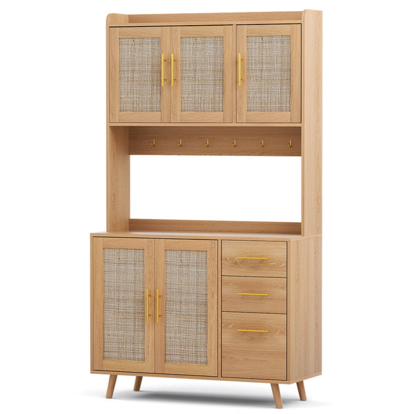 Artiss Buffet Sideboard Hutch Storage Cabinet Kitchen Cupboard Hooks Rattan Pine Awezingly