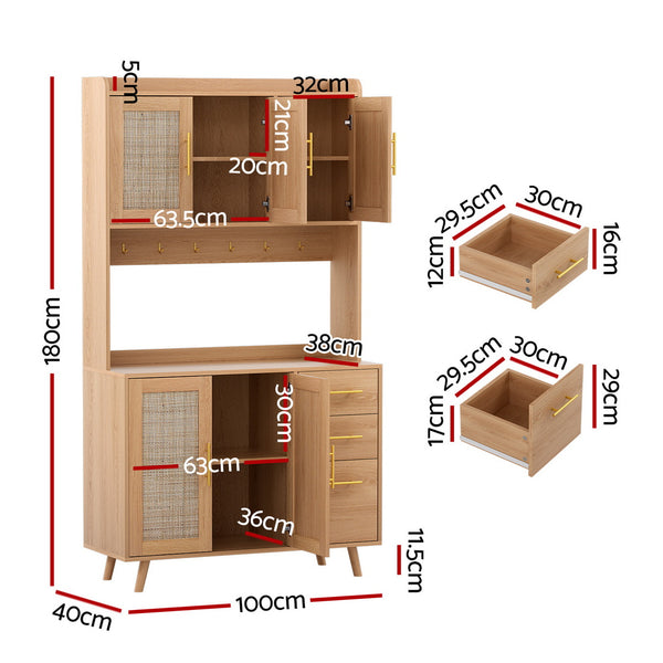 Artiss Buffet Sideboard Hutch Storage Cabinet Kitchen Cupboard Hooks Rattan Pine Awezingly