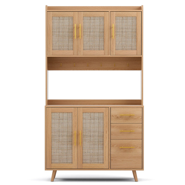 Artiss Buffet Sideboard Hutch Storage Cabinet Kitchen Cupboard Hooks Rattan Pine Awezingly