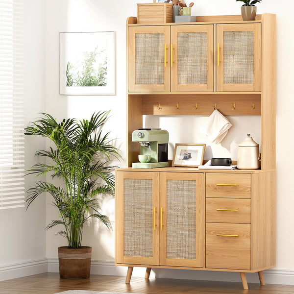 Artiss Buffet Sideboard Hutch Storage Cabinet Kitchen Cupboard Hooks Rattan Pine Awezingly