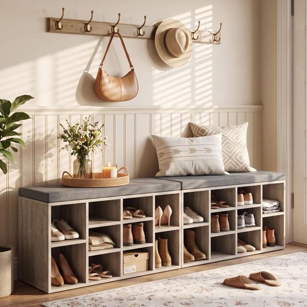 Artiss Shoe Bench x2 Set Fabric Seat Pine Hallway Bedroom Awezingly