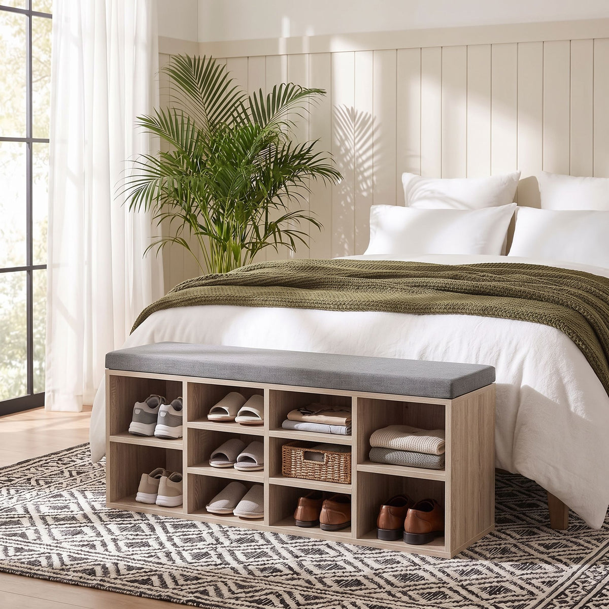 Artiss Shoe Bench x2 Set Fabric Seat Pine Hallway Bedroom Awezingly