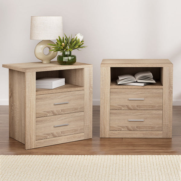 Artiss 2X Bedside Table 2 Drawers with Shelf - TARA Oak Artiss