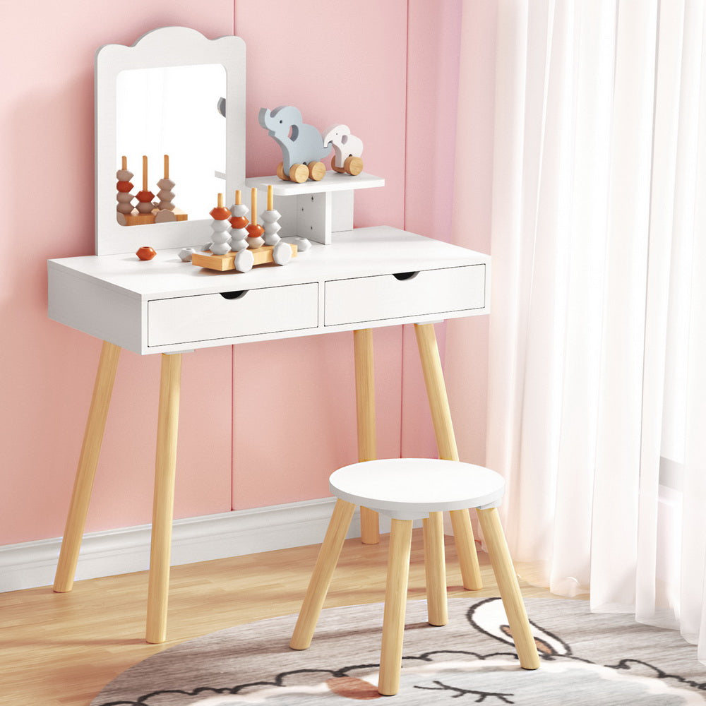 Keezi Kids Dressing Table Vanity Makeup Chair Set with Mirror Drawers Wooden Legs Keezi