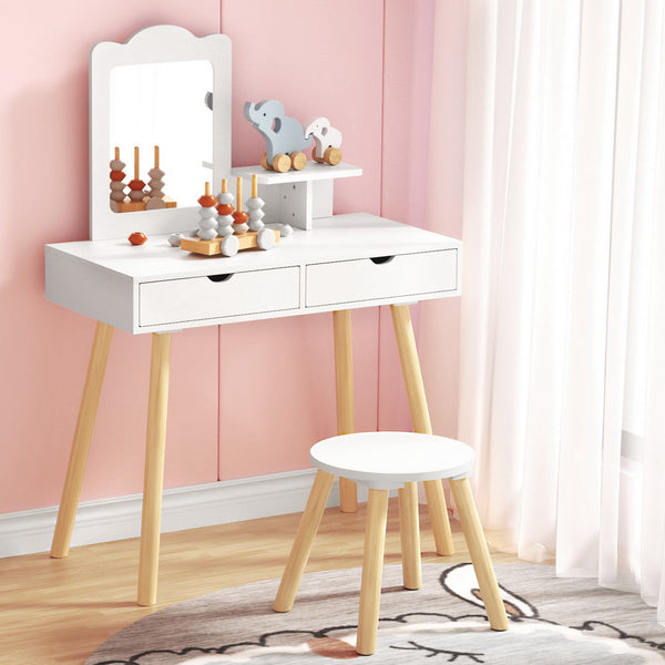 Keezi Kids Dressing Table Vanity Makeup Chair Set with Mirror Drawers Wooden Legs Keezi