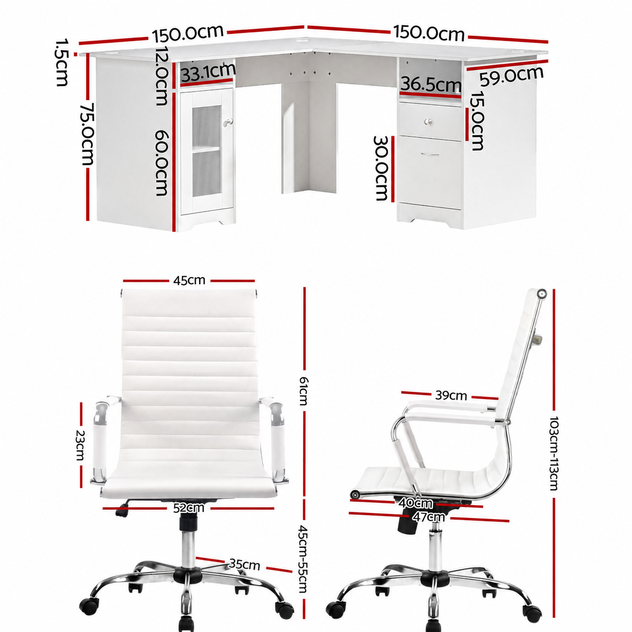 Artiss Office Desk and Chair Set L Shape Computer Desk 150cm with Storage Cabinet & Drawers, Ergonomic PU Leather Office Chair, White Home Office Furniture Awezingly