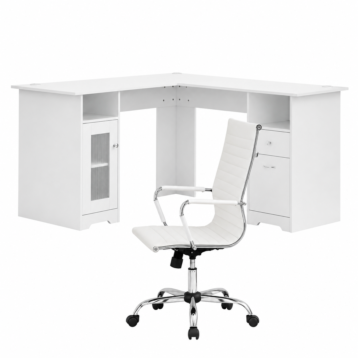Artiss Office Desk and Chair Set L Shape Computer Desk 150cm with Storage Cabinet & Drawers, Ergonomic PU Leather Office Chair, White Home Office Furniture Awezingly