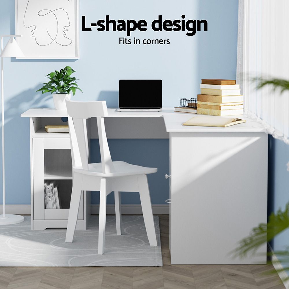 Artiss Office Desk and Chair Set L Shape Computer Desk 150cm with Storage Cabinet & Drawers, Ergonomic PU Leather Office Chair, White Home Office Furniture Awezingly
