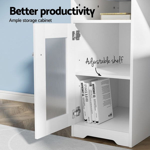 Artiss Office Desk and Chair Set L Shape Computer Desk 150cm with Storage Cabinet & Drawers, Ergonomic PU Leather Office Chair, White Home Office Furniture Awezingly