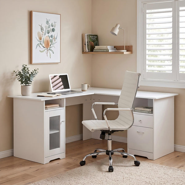 Artiss Office Desk and Chair Set L Shape Computer Desk 150cm with Storage Cabinet & Drawers, Ergonomic PU Leather Office Chair, White Home Office Furniture Awezingly
