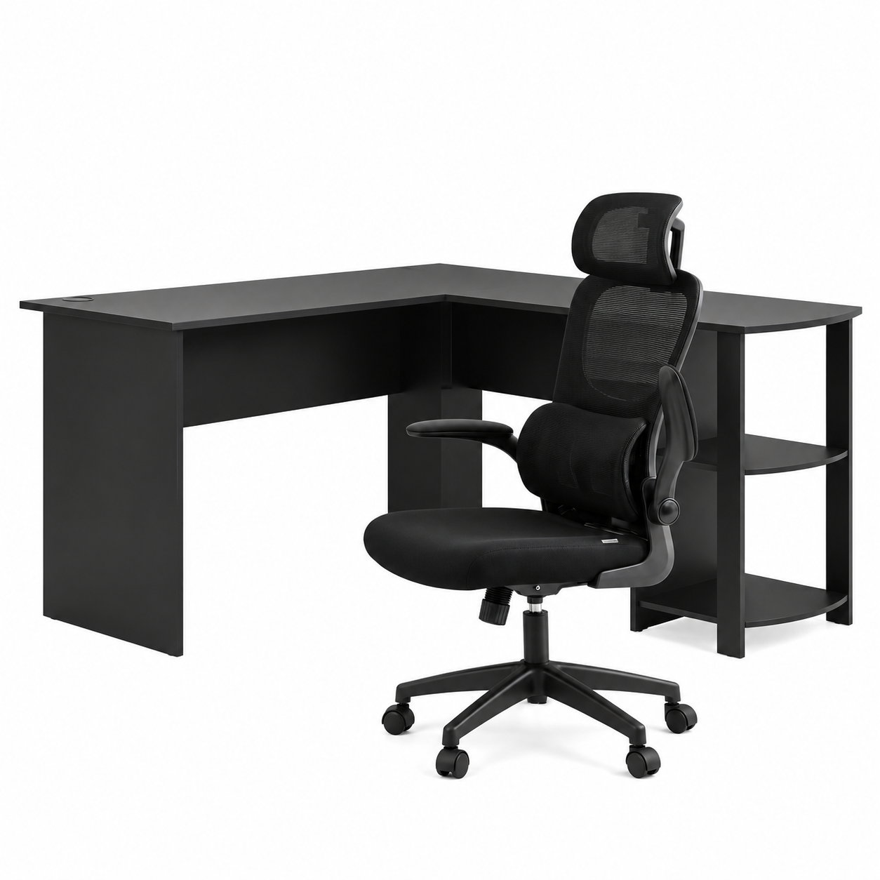 Artiss Office Desk and Chair Set L Shaped Computer Desk 136cm with 2 Tier Storage Shelves, Ergonomic Mesh Office Chair with Adjustable Headrest, Flip-Up Armrests & Lumbar Support Artiss