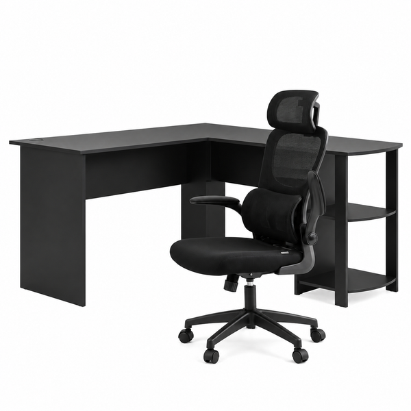 Artiss Office Desk and Chair Set L Shaped Computer Desk 136cm with 2 Tier Storage Shelves, Ergonomic Mesh Office Chair with Adjustable Headrest, Flip-Up Armrests & Lumbar Support Artiss