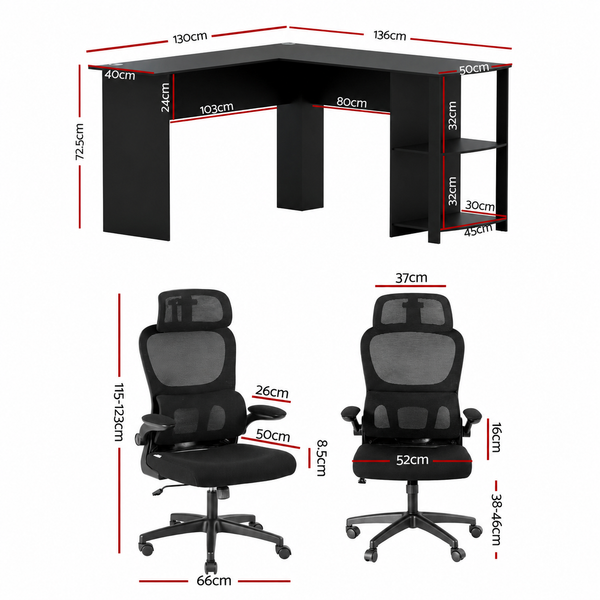 Artiss Office Desk and Chair Set L Shaped Computer Desk 136cm with 2 Tier Storage Shelves, Ergonomic Mesh Office Chair with Adjustable Headrest, Flip-Up Armrests & Lumbar Support Artiss
