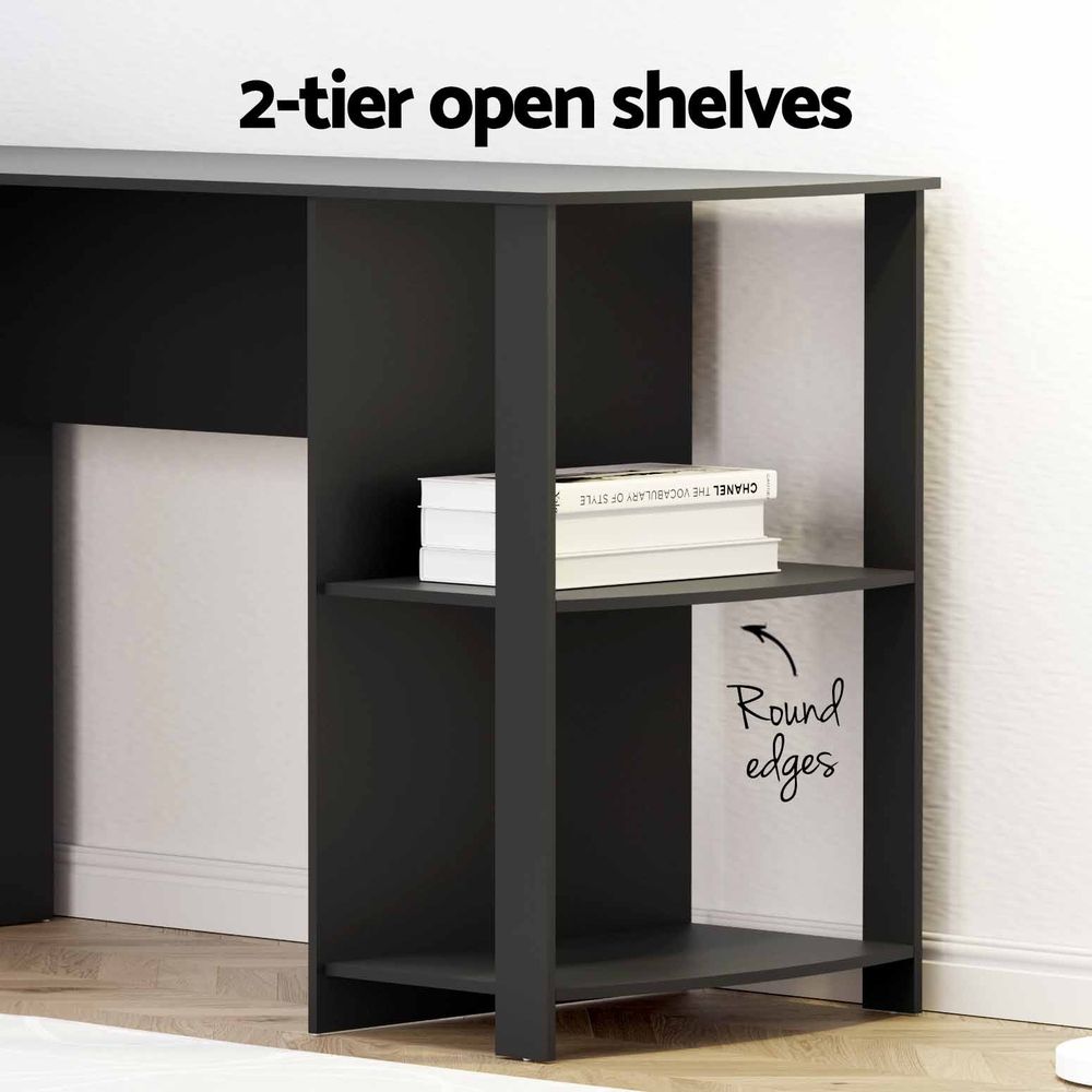 Artiss Office Desk and Chair Set L Shaped Computer Desk 136cm with 2 Tier Storage Shelves, Ergonomic Mesh Office Chair with Adjustable Headrest, Flip-Up Armrests & Lumbar Support Artiss