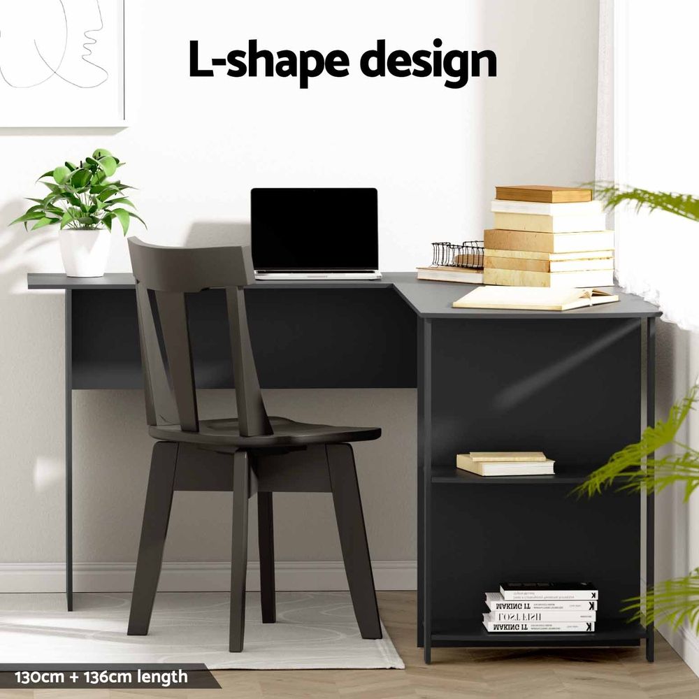 Artiss Office Desk and Chair Set L Shaped Computer Desk 136cm with 2 Tier Storage Shelves, Ergonomic Mesh Office Chair with Adjustable Headrest, Flip-Up Armrests & Lumbar Support Artiss