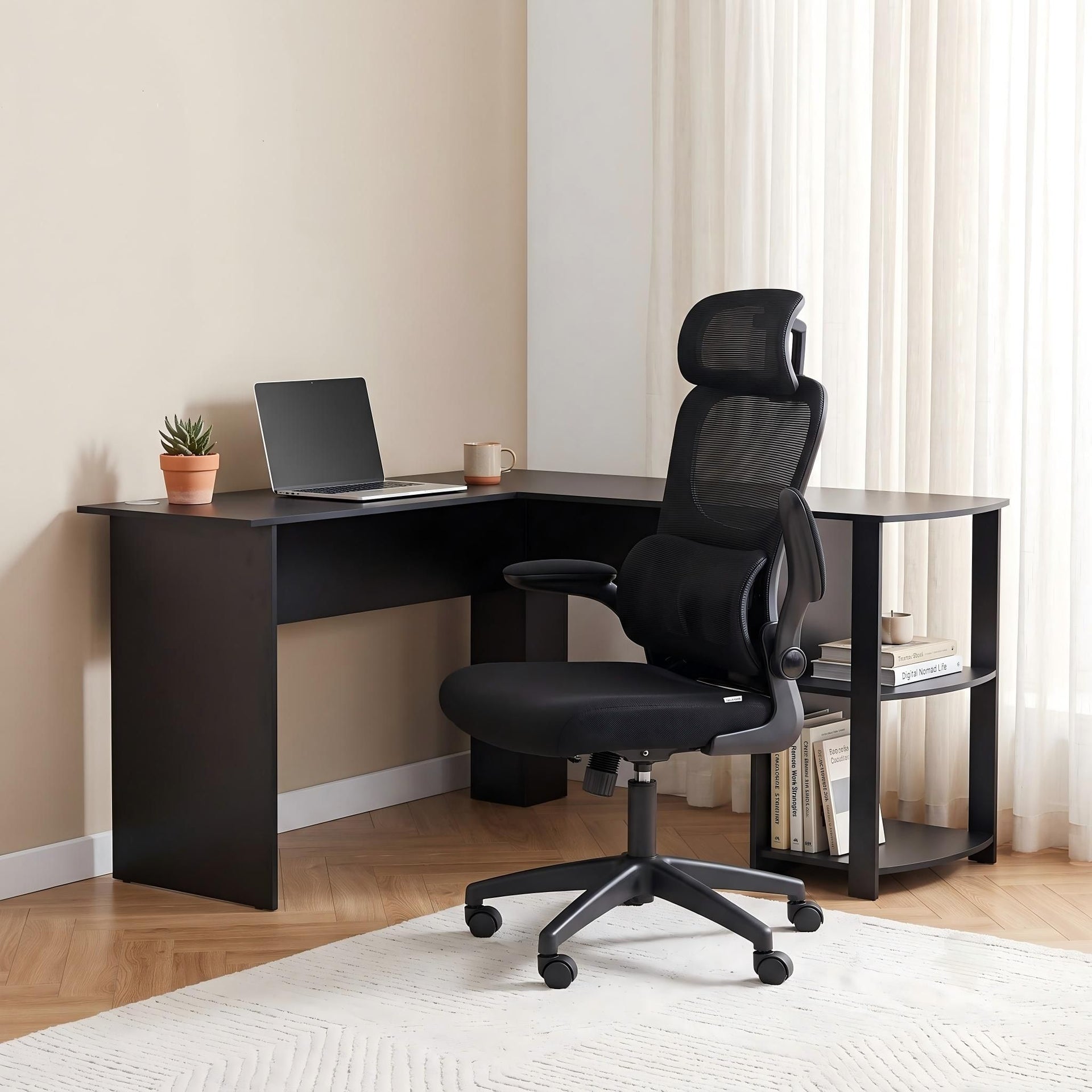 Artiss Office Desk and Chair Set L Shaped Computer Desk 136cm with 2 Tier Storage Shelves, Ergonomic Mesh Office Chair with Adjustable Headrest, Flip-Up Armrests & Lumbar Support Artiss