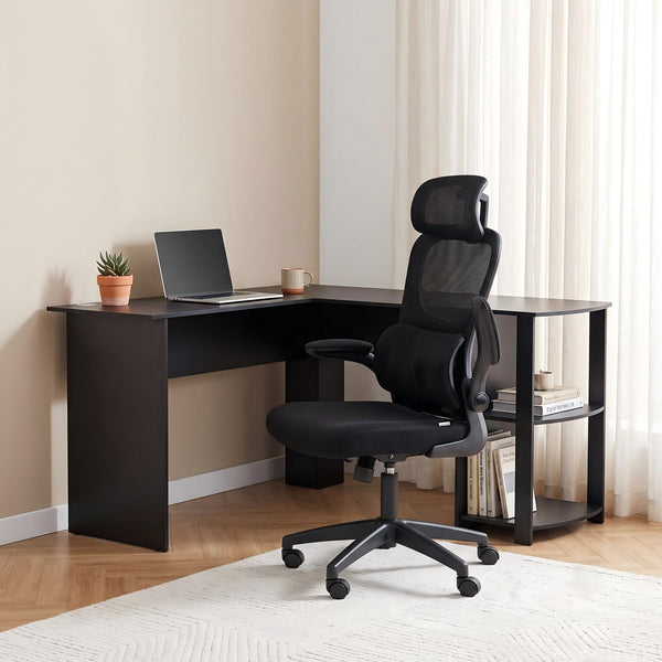 Artiss Office Desk and Chair Set L Shaped Computer Desk 136cm with 2 Tier Storage Shelves, Ergonomic Mesh Office Chair with Adjustable Headrest, Flip-Up Armrests & Lumbar Support Artiss