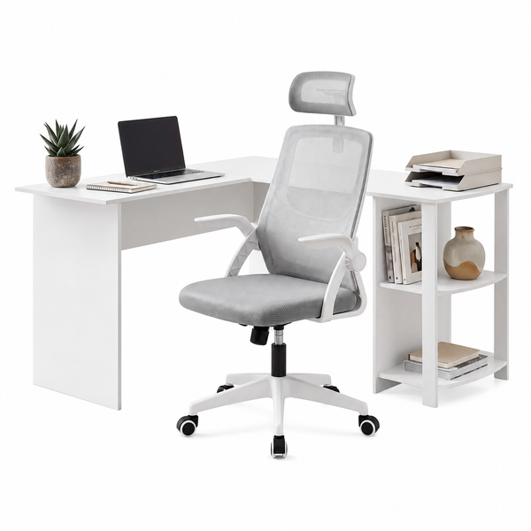 Artiss Home Office Desk and Chair Set, 136cm L Shaped Computer Desk with Shelves & Cable Management, Ergonomic Mesh Office Chair with Adjustable Headrest, Flip-Up Armrests Awezingly