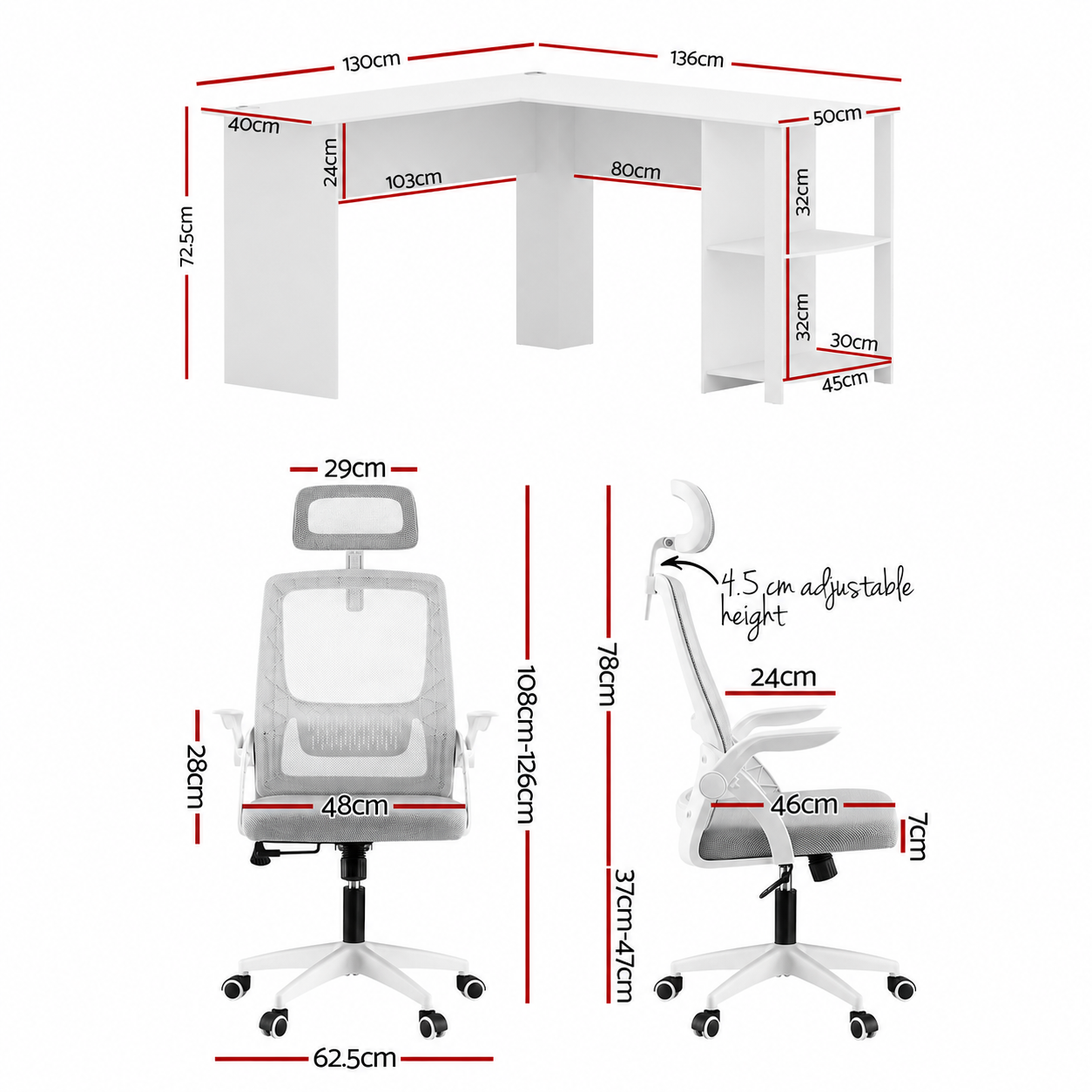 Artiss Home Office Desk and Chair Set, 136cm L Shaped Computer Desk with Shelves & Cable Management, Ergonomic Mesh Office Chair with Adjustable Headrest, Flip-Up Armrests Awezingly