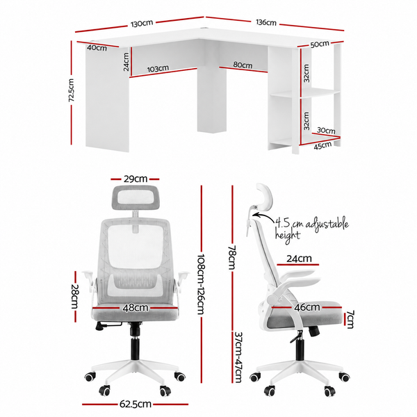 Artiss Home Office Desk and Chair Set, 136cm L Shaped Computer Desk with Shelves & Cable Management, Ergonomic Mesh Office Chair with Adjustable Headrest, Flip-Up Armrests Awezingly