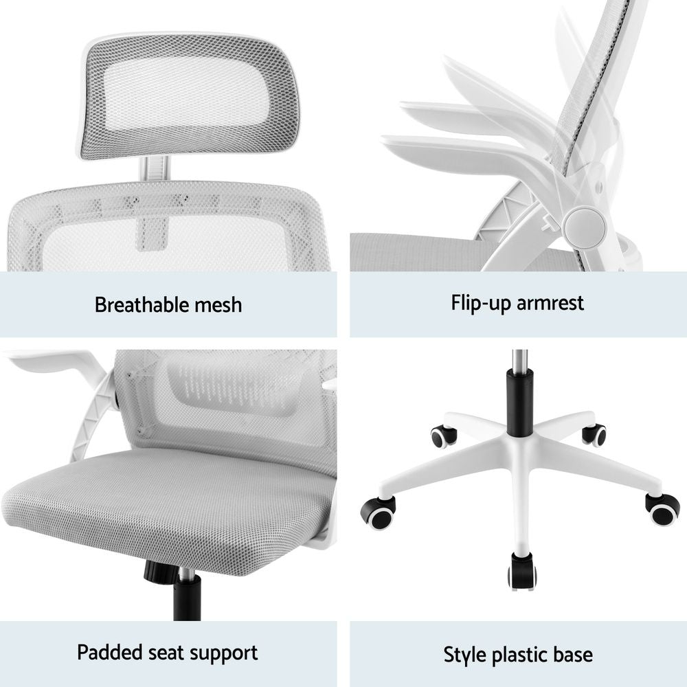 Artiss Home Office Desk and Chair Set, 136cm L Shaped Computer Desk with Shelves & Cable Management, Ergonomic Mesh Office Chair with Adjustable Headrest, Flip-Up Armrests Awezingly