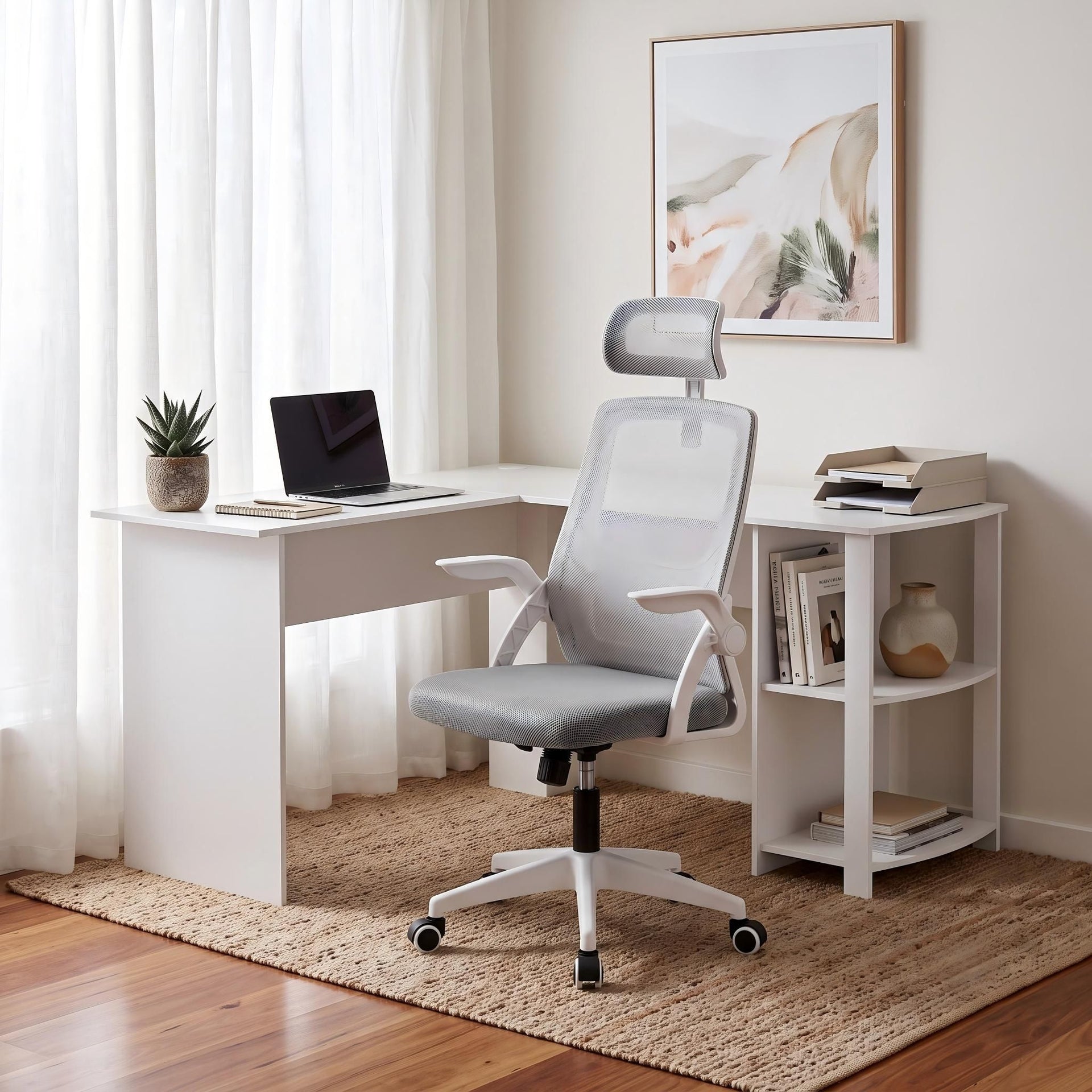 Artiss Home Office Desk and Chair Set, 136cm L Shaped Computer Desk with Shelves & Cable Management, Ergonomic Mesh Office Chair with Adjustable Headrest, Flip-Up Armrests Awezingly