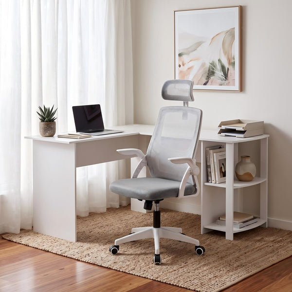 Artiss Home Office Desk and Chair Set, 136cm L Shaped Computer Desk with Shelves & Cable Management, Ergonomic Mesh Office Chair with Adjustable Headrest, Flip-Up Armrests Awezingly