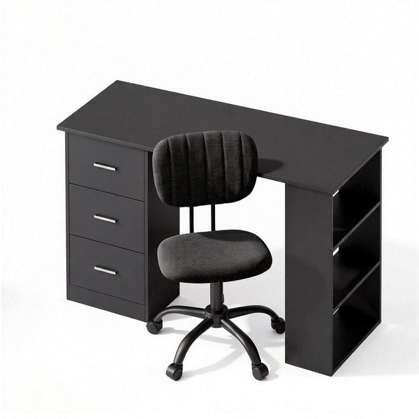 Artiss Office Desk & Chair Set 120cm Computer Desk with 3 Drawers & Open Shelves, Ergonomic Armless Office Chair with Wheels, Height Adjustable for Home Office Study Awezingly
