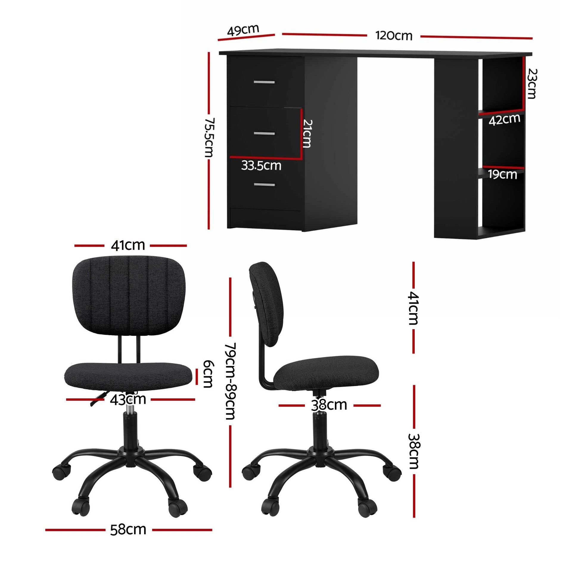 Artiss Office Desk & Chair Set 120cm Computer Desk with 3 Drawers & Open Shelves, Ergonomic Armless Office Chair with Wheels, Height Adjustable for Home Office Study Awezingly