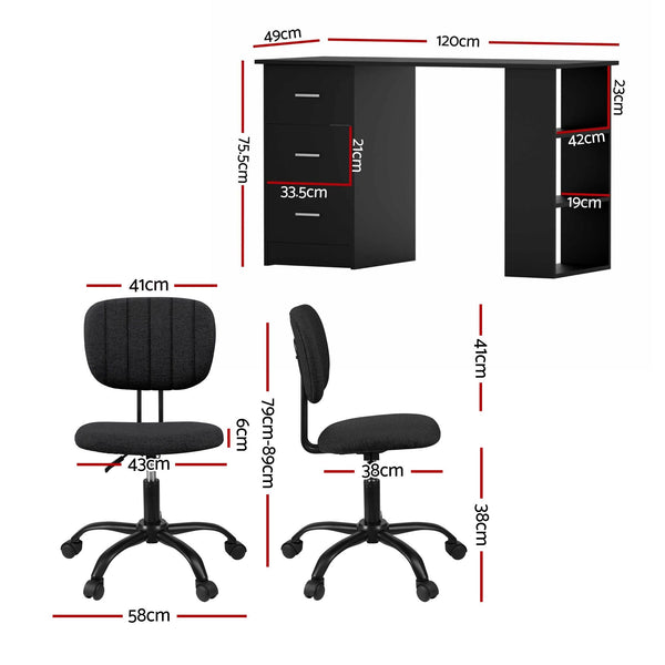 Artiss Office Desk & Chair Set 120cm Computer Desk with 3 Drawers & Open Shelves, Ergonomic Armless Office Chair with Wheels, Height Adjustable for Home Office Study Awezingly