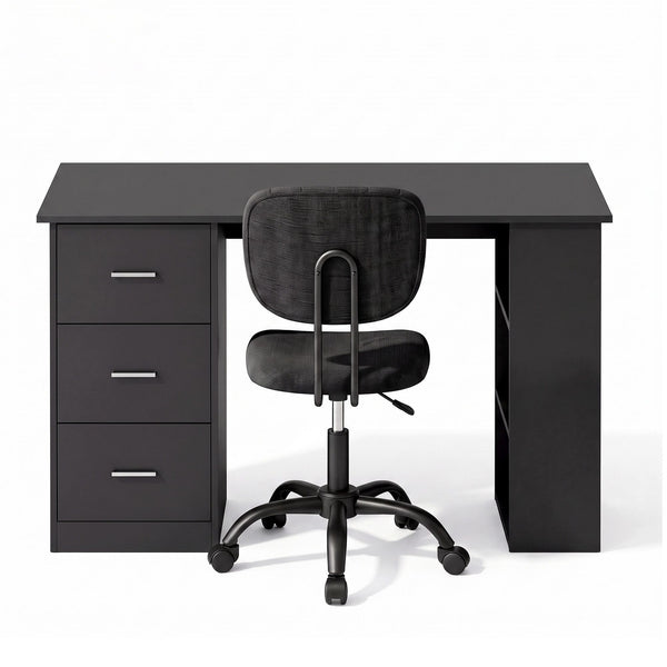 Artiss Office Desk & Chair Set 120cm Computer Desk with 3 Drawers & Open Shelves, Ergonomic Armless Office Chair with Wheels, Height Adjustable for Home Office Study Awezingly