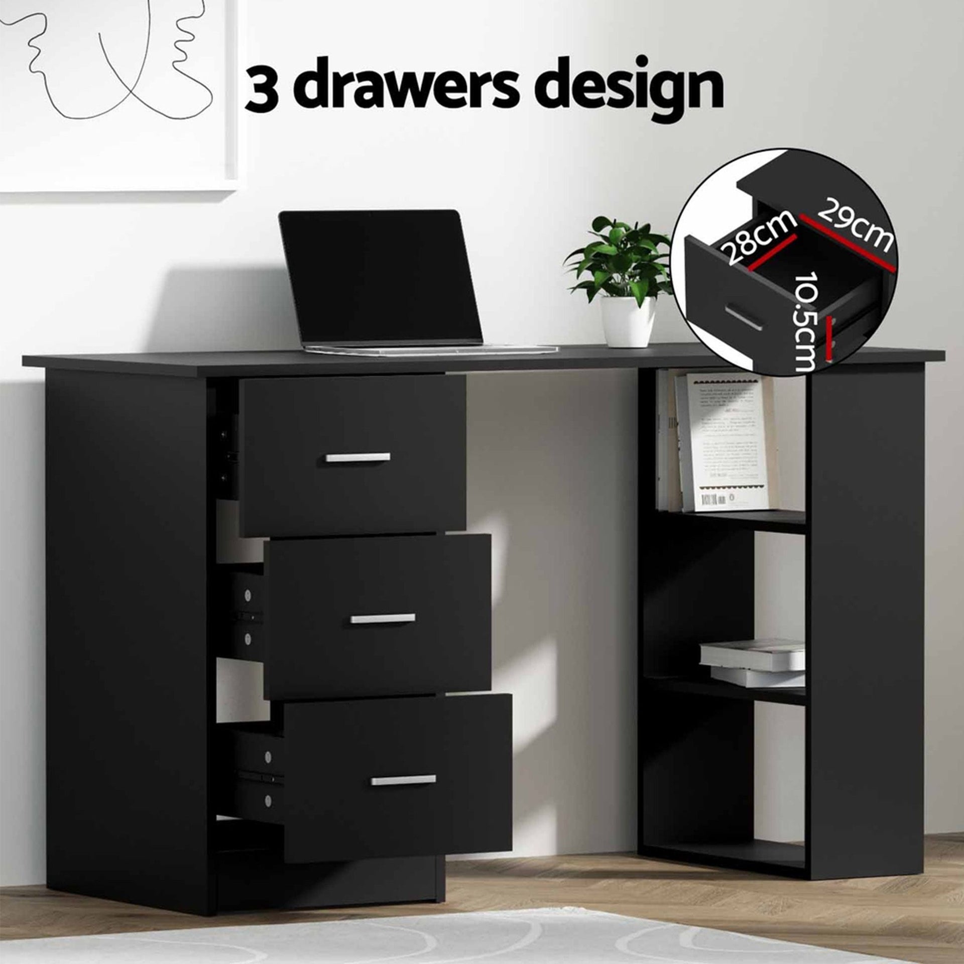 Artiss Office Desk & Chair Set 120cm Computer Desk with 3 Drawers & Open Shelves, Ergonomic Armless Office Chair with Wheels, Height Adjustable for Home Office Study Awezingly