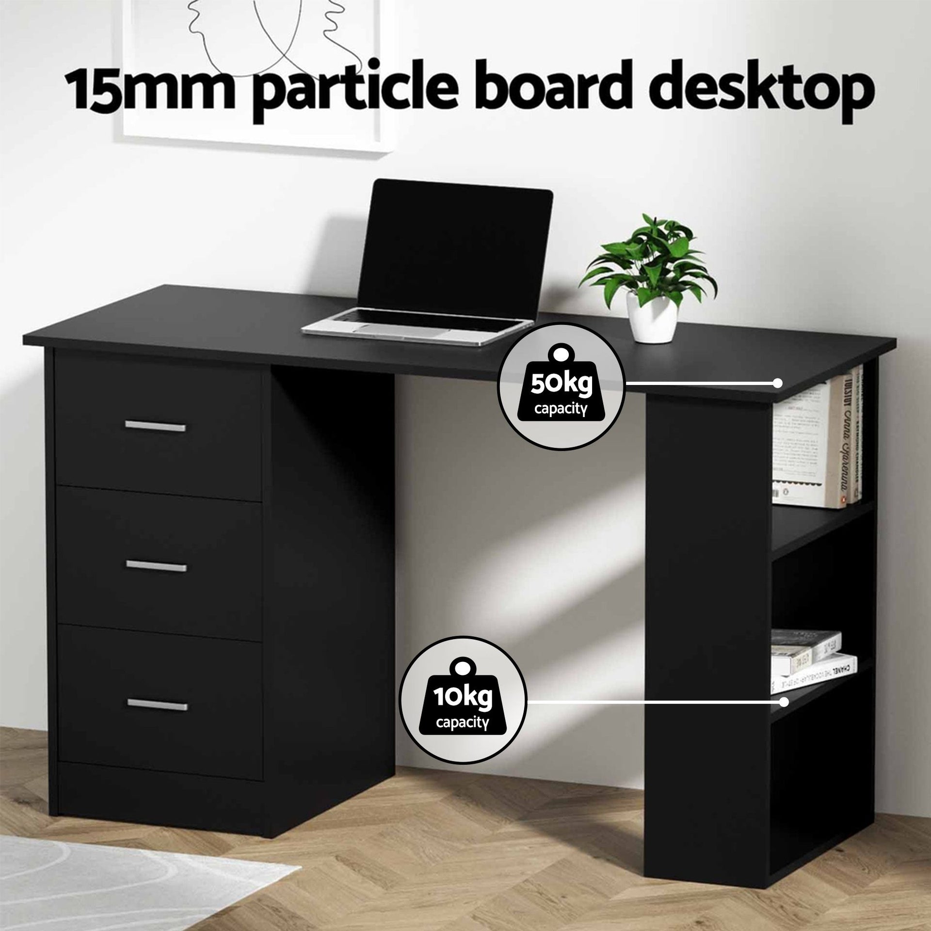 Artiss Office Desk & Chair Set 120cm Computer Desk with 3 Drawers & Open Shelves, Ergonomic Armless Office Chair with Wheels, Height Adjustable for Home Office Study Awezingly