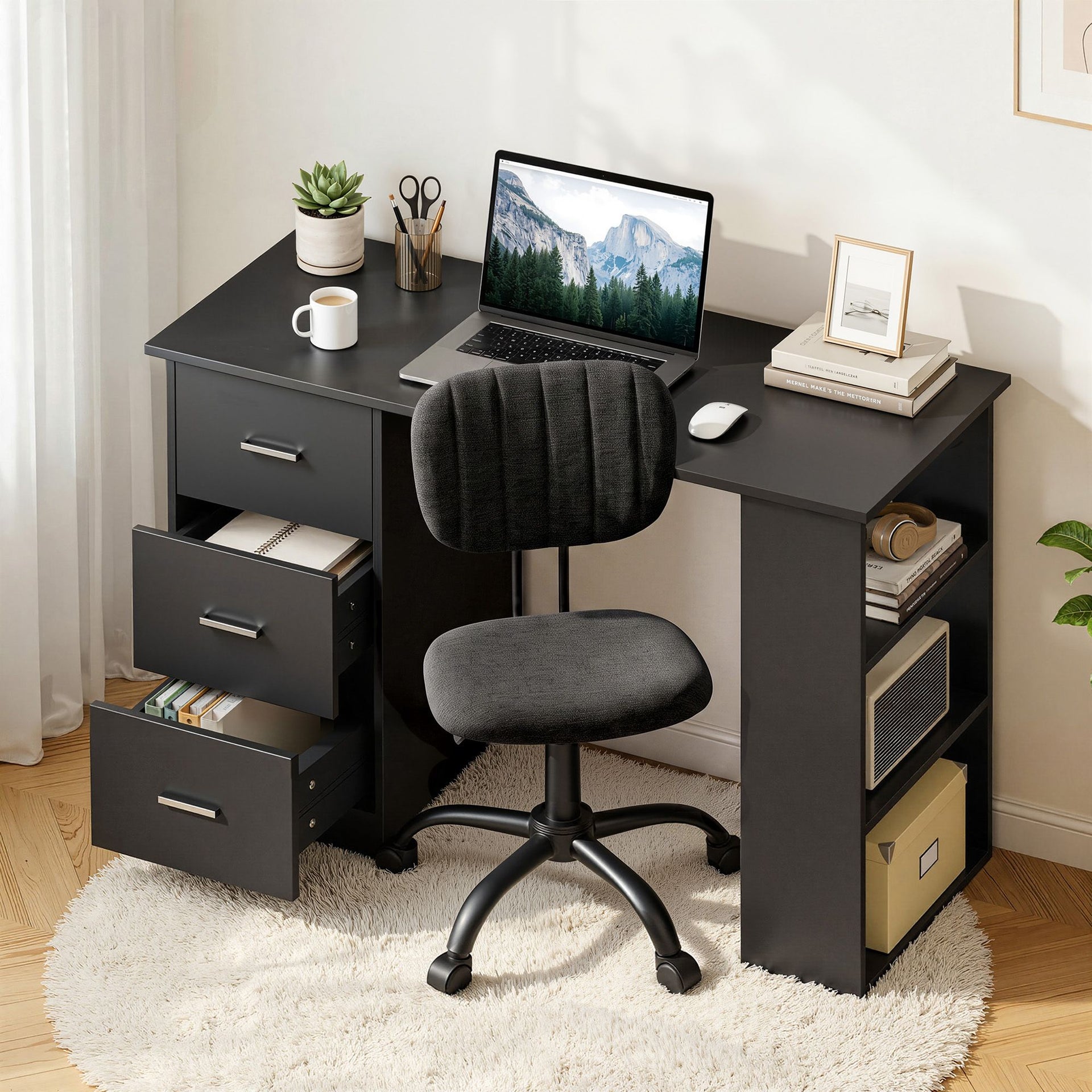 Artiss Office Desk & Chair Set 120cm Computer Desk with 3 Drawers & Open Shelves, Ergonomic Armless Office Chair with Wheels, Height Adjustable for Home Office Study Awezingly