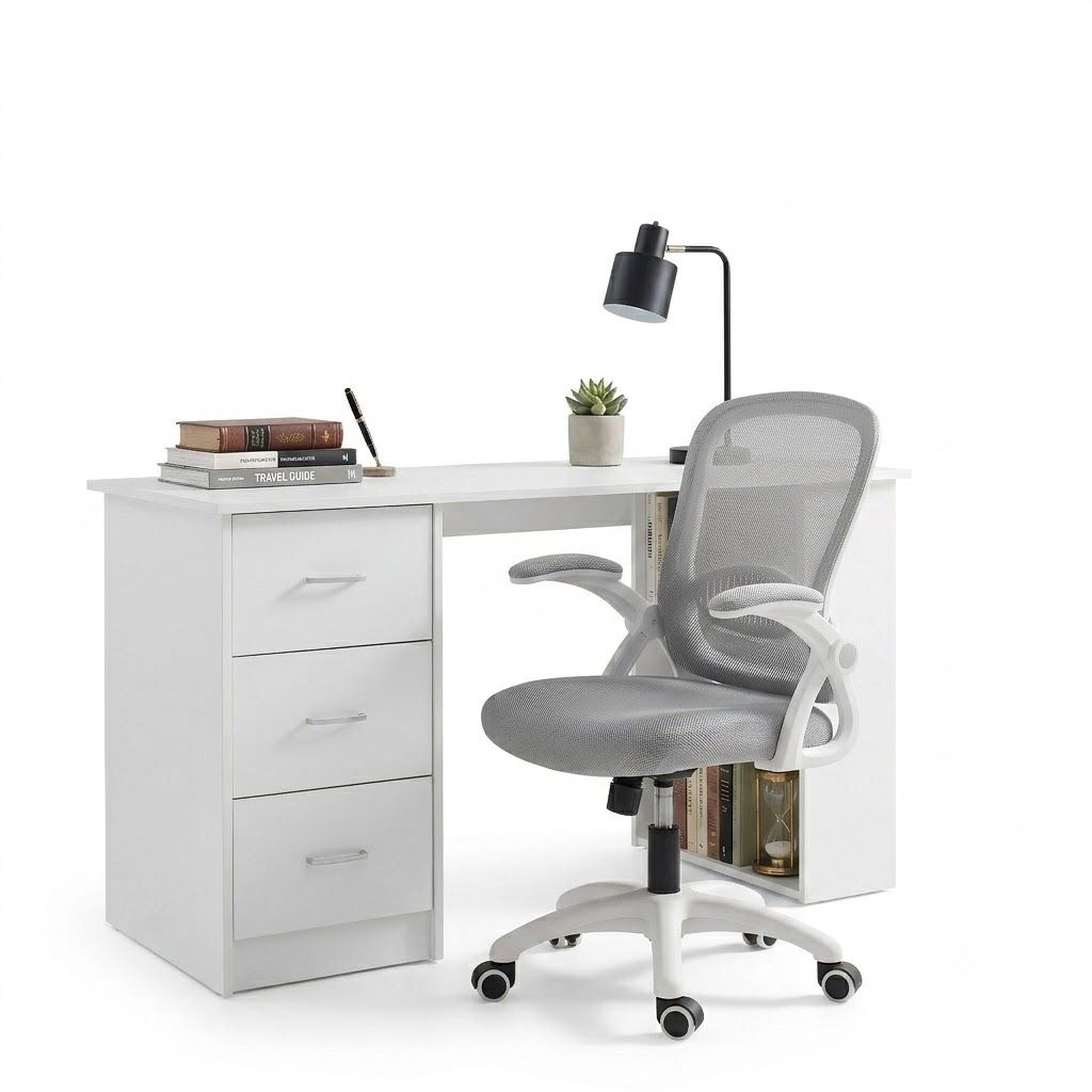 Artiss Computer Desk & Ergonomic Office Chair Set 120cm Home Office Study Desk with 3 Drawers & 3 Shelves, Mesh Computer Chair with Flip-Up Armrests Artiss