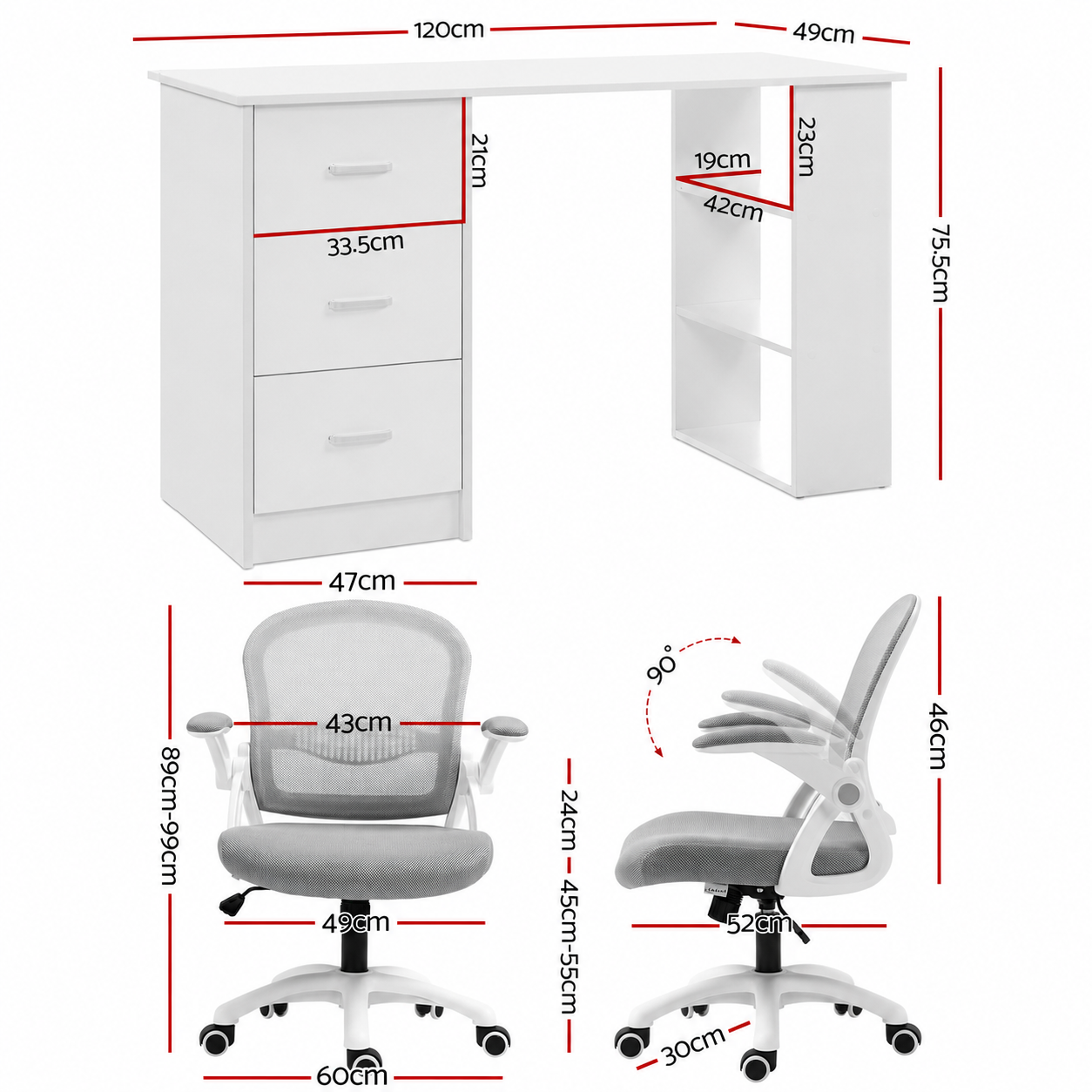 Artiss Computer Desk & Ergonomic Office Chair Set 120cm Home Office Study Desk with 3 Drawers & 3 Shelves, Mesh Computer Chair with Flip-Up Armrests Artiss