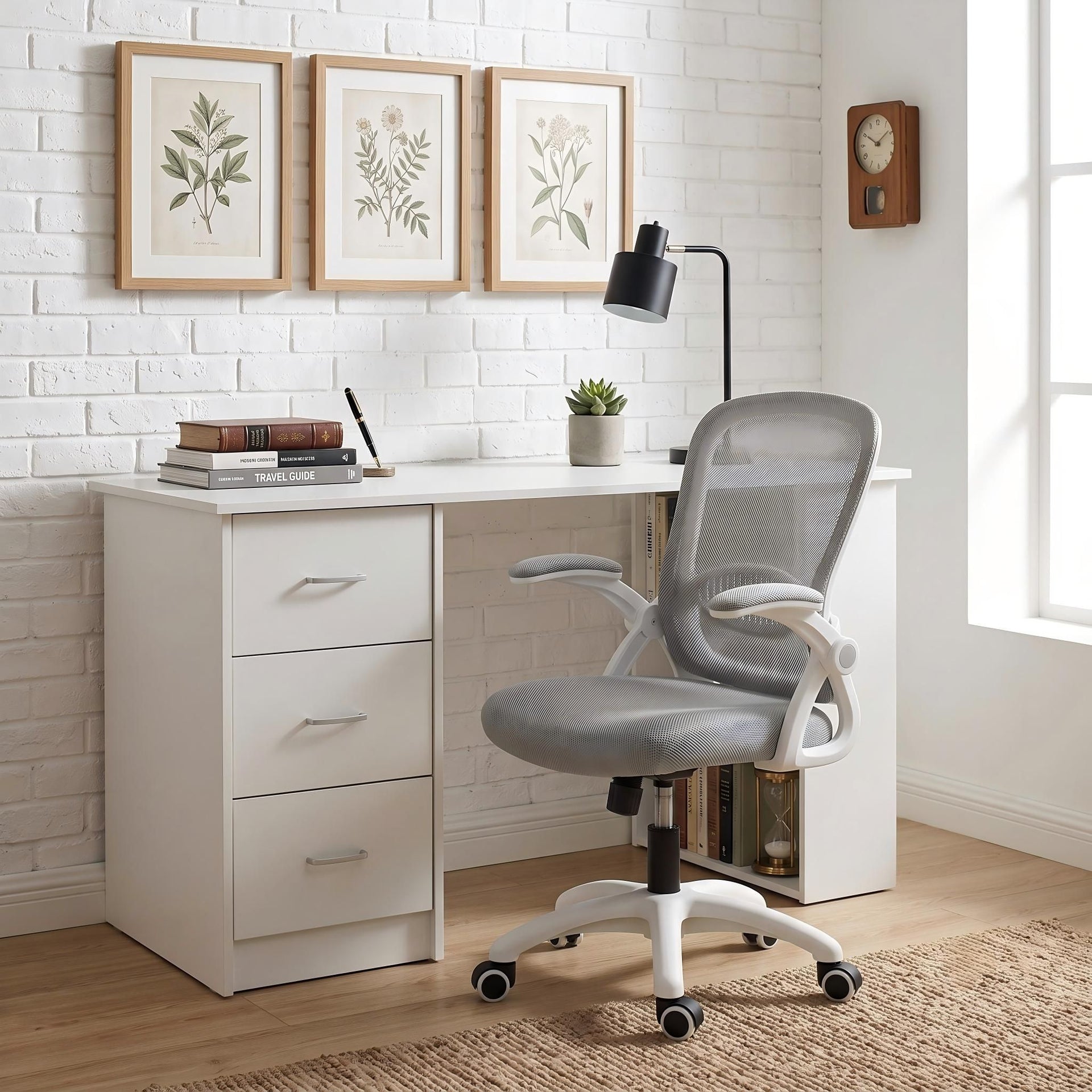 Artiss Computer Desk & Ergonomic Office Chair Set 120cm Home Office Study Desk with 3 Drawers & 3 Shelves, Mesh Computer Chair with Flip-Up Armrests Artiss