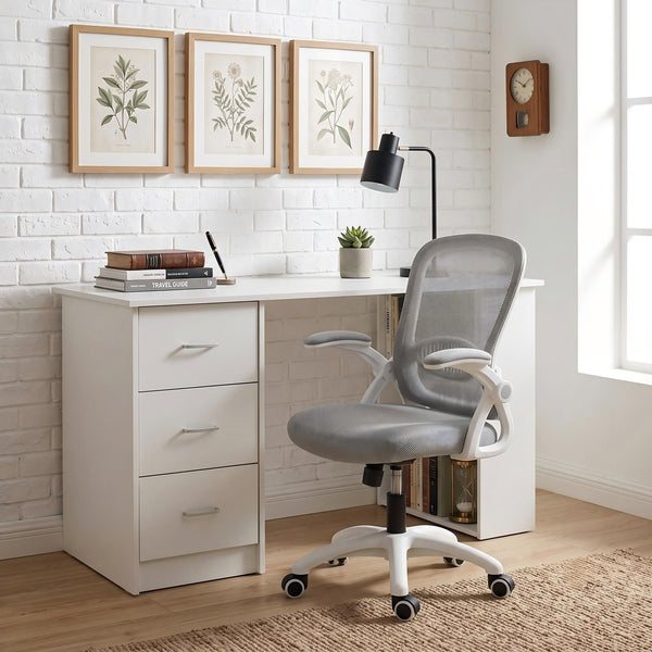 Artiss Computer Desk & Ergonomic Office Chair Set 120cm Home Office Study Desk with 3 Drawers & 3 Shelves, Mesh Computer Chair with Flip-Up Armrests Artiss