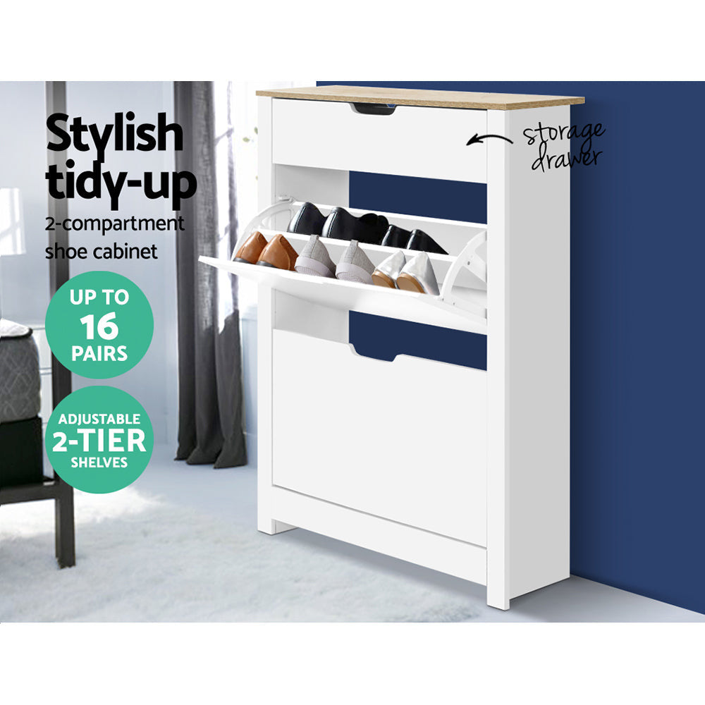Artiss Shoe Cabinet Rack Storage Shelf Drawer 16 Pairs White Artiss