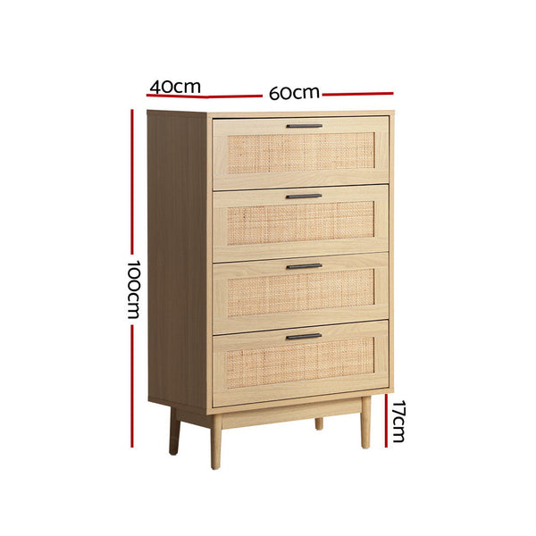 Artiss 4 Chest of Drawers Rattan Tallboy Cabinet Bedroom Clothes Storage Wood Artiss